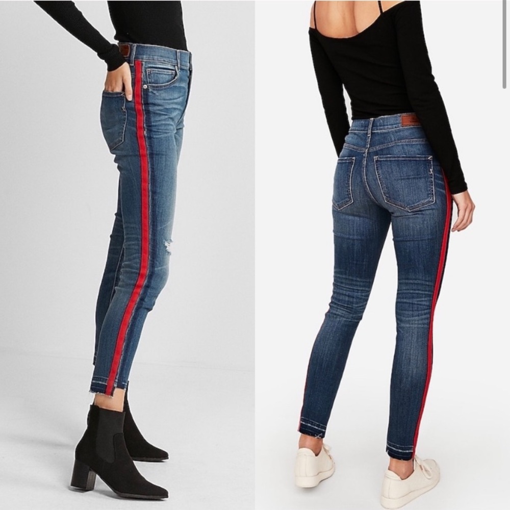 Express High Waisted Red Stripe Distressed Jeans